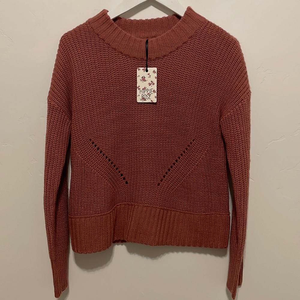 NWT Hippie Rose Sweater Size Medium Dark Dusty rose color with hole details